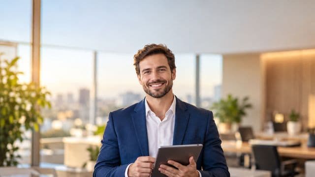 Profissional sorrindo, com blazer azul sobre camisa branca, segurando um tablet, em um escritório moderno e bem iluminado