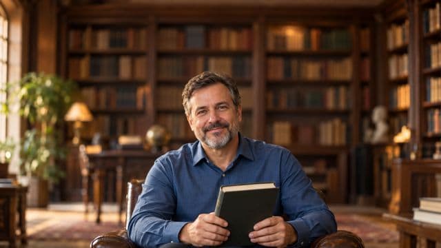 Teólogo sorrindo, com camisa social azul, segurando um livro de capa lisa, em uma biblioteca antiga com estantes de madeira
