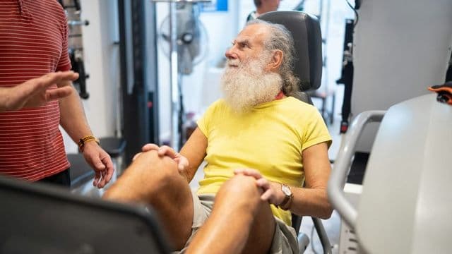 Idoso de barba branca em equipamento de reabilitação ouve a orientação do fisioterapeuta na academia terapêutica