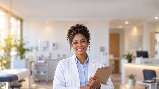 Profissional de saúde sorrindo, com jaleco branco sobre camisa azul-clara, segurando uma prancheta, em uma clínica moderna e bem iluminada