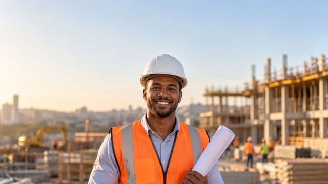 Engenheiro civil sorrindo, com capacete branco e colete refletivo laranja, segurando uma planta da obra enrolada, em um canteiro de obras
