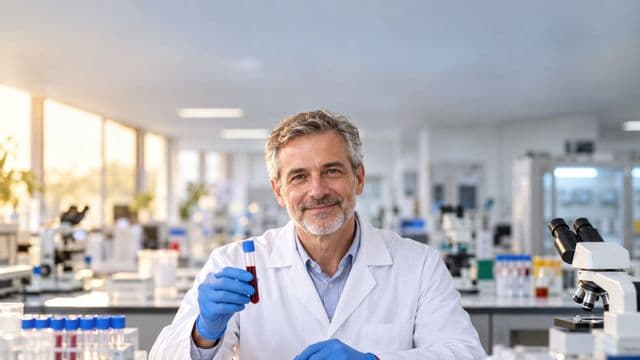 Biomédico sorrindo, com jaleco branco e luvas azuis, segurando um tubo de ensaio, em um laboratório de análises clínicas com microscópios e bancadas