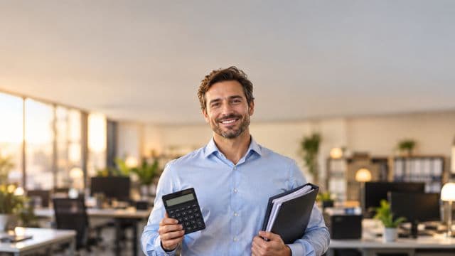 Contador sorrindo, com camisa social azul-clara, segurando uma calculadora e uma pasta de documentos, em um escritório contábil moderno