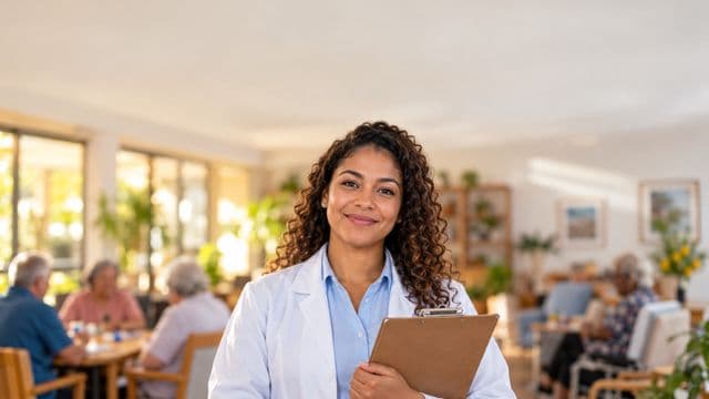 Profissional de gerontologia sorrindo, com jaleco branco sobre camisa azul-clara, segurando uma prancheta, em um centro de convivência para idosos, claro e acolhedor