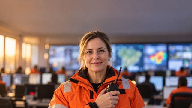 Profissional de defesa civil sorrindo, com jaqueta laranja de resgate, segurando um rádio comunicador, em um centro de operações de emergência com telões desfocados