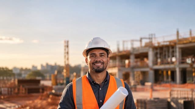Engenheiro civil sorrindo, com capacete branco e colete refletivo laranja, segurando uma planta da obra enrolada, em um canteiro de obras com a estrutura de um prédio