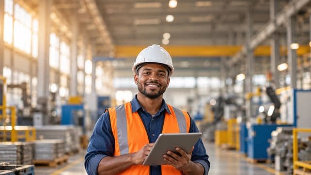 Técnico de manutenção sorrindo, com capacete branco e colete laranja sobre camisa azul, segurando um tablet, em uma fábrica moderna com máquinas