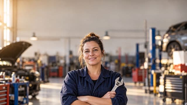 Mecânica sorrindo, com macacão azul-marinho, segurando uma chave inglesa, em uma oficina mecânica moderna e organizada
