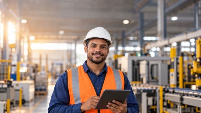 Técnico de manutenção sorrindo, com capacete branco e colete laranja sobre camisa azul, segurando um tablet, em uma fábrica moderna com máquinas