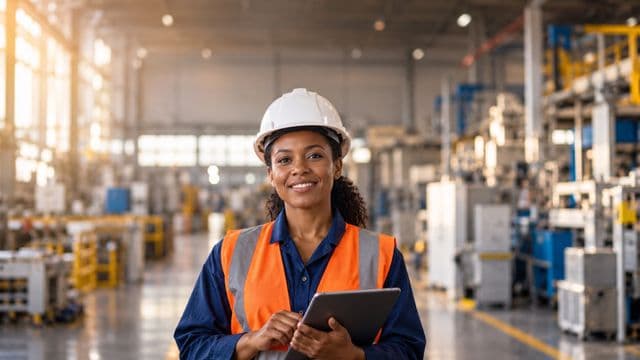 Técnica de manutenção sorrindo, com capacete branco e colete laranja sobre camisa azul, segurando um tablet, em uma fábrica moderna com máquinas
