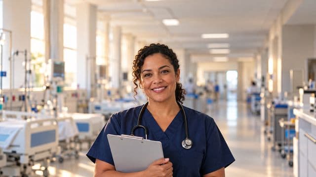 Enfermeira sorrindo, com uniforme hospitalar azul-marinho e estetoscópio no pescoço, segurando uma prancheta, em o corredor de um hospital moderno e bem iluminado, com leitos e equipamentos