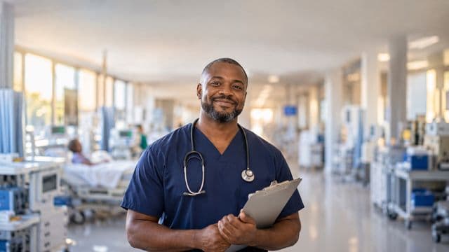 Enfermeiro sorrindo, com uniforme hospitalar azul-marinho e estetoscópio no pescoço, segurando uma prancheta, em o corredor de um hospital moderno e bem iluminado, com leitos e equipamentos