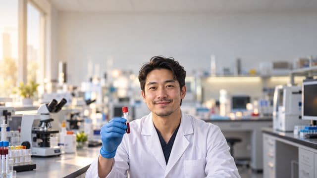 Biomédico sorrindo, com jaleco branco e luvas azuis, segurando um tubo de ensaio, em um laboratório de análises clínicas com microscópios e bancadas