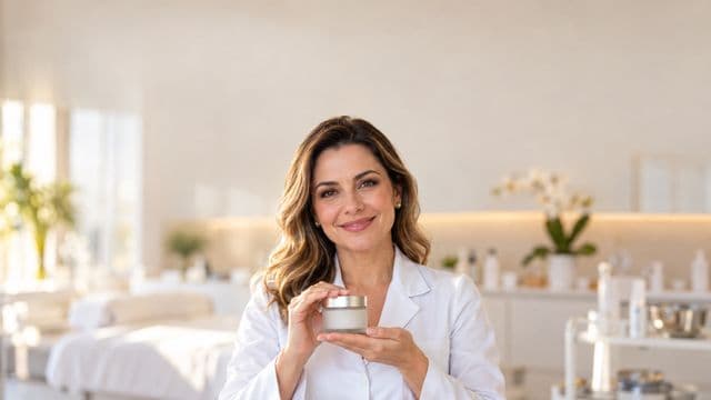 Profissional de estética sorrindo, com jaleco branco, segurando um frasco de cosmético sem rótulo, em uma clínica de estética clara e sofisticada