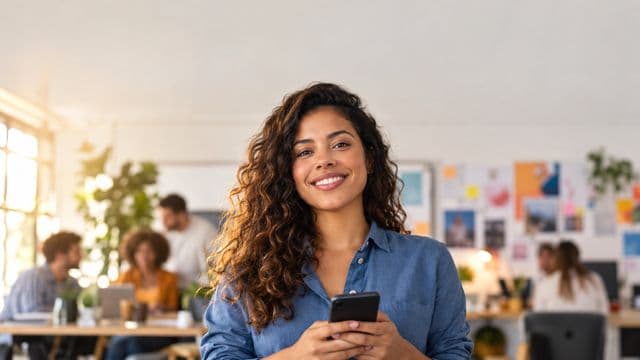 Profissional de marketing sorrindo, com camisa casual azul, segurando um smartphone, em uma agência criativa moderna com equipe desfocada e quadros de ideias