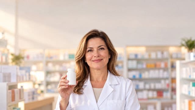 Farmacêutica sorrindo, com jaleco branco, segurando um frasco de medicamento sem rótulo legível, em uma farmácia moderna com prateleiras organizadas