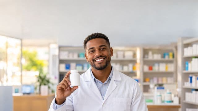 Farmacêutico sorrindo, com jaleco branco, segurando um frasco de medicamento sem rótulo legível, em uma farmácia moderna com prateleiras organizadas