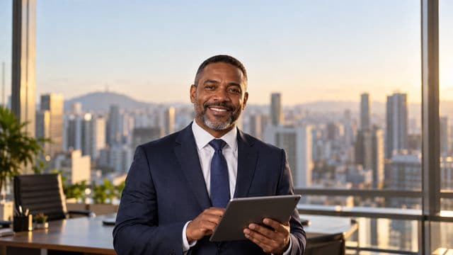 Analista financeiro sorrindo, com terno azul-marinho, segurando um tablet, em um escritório corporativo com vista para a cidade