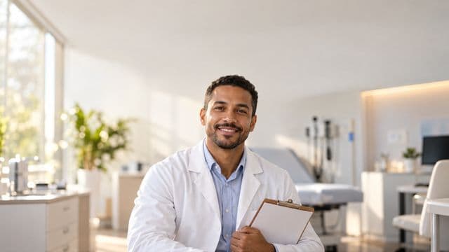 Profissional de saúde sorrindo, com jaleco branco sobre camisa azul-clara, segurando uma prancheta, em uma clínica moderna e bem iluminada