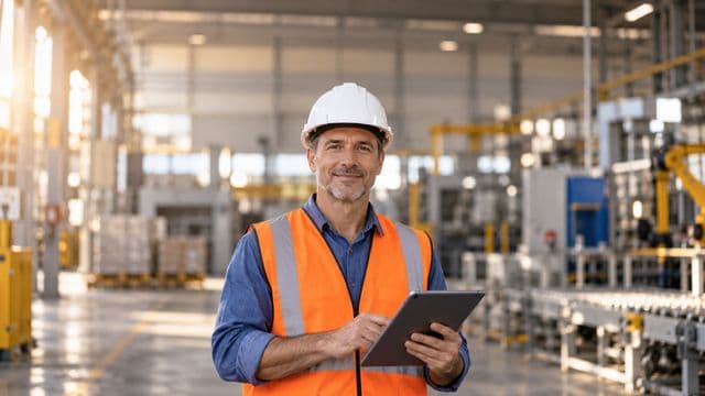 Técnico de manutenção sorrindo, com capacete branco e colete laranja sobre camisa azul, segurando um tablet, em uma fábrica moderna com máquinas