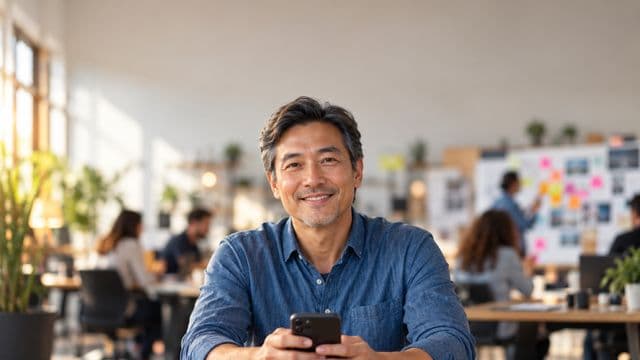 Profissional de marketing sorrindo, com camisa casual azul, segurando um smartphone, em uma agência criativa moderna com equipe desfocada e quadros de ideias