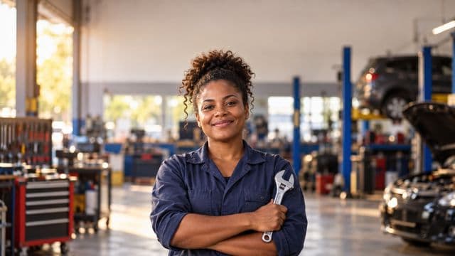 Mecânica sorrindo, com macacão azul-marinho, segurando uma chave inglesa, em uma oficina mecânica moderna e organizada