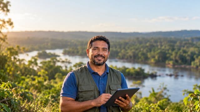 Gestor ambiental sorrindo, com camisa polo azul e colete de campo, segurando um tablet, em uma área de preservação com mata e um rio
