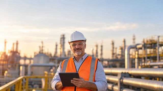 Engenheiro industrial sorrindo, com capacete branco, óculos de proteção e colete laranja, segurando um tablet, em uma planta industrial com tubulações