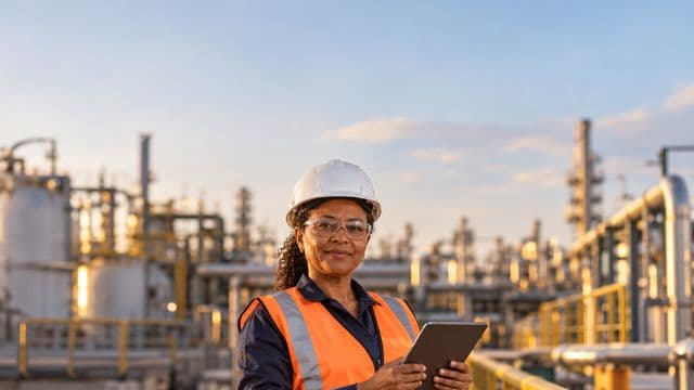 Engenheira industrial sorrindo, com capacete branco, óculos de proteção e colete laranja, segurando um tablet, em uma planta industrial com tubulações