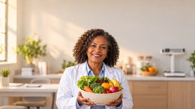 Nutricionista sorrindo, com jaleco branco sobre camisa azul-clara, segurando uma tigela de frutas e legumes frescos, em um consultório de nutrição claro com bancada e balança