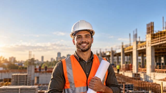 Engenheiro civil sorrindo, com capacete branco e colete refletivo laranja, segurando uma planta da obra enrolada, em um canteiro de obras