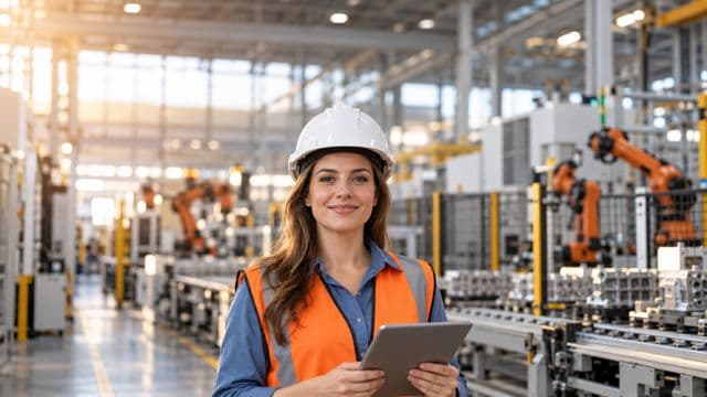Engenheira de produção sorrindo, com capacete branco e colete laranja sobre camisa azul, segurando um tablet, em uma fábrica moderna com linha de produção e braços robóticos