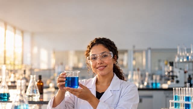 Professora de química sorrindo, com jaleco branco e óculos de proteção, segurando um béquer com líquido azul, em um laboratório de química com vidrarias