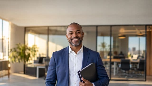 Profissional de recursos humanos sorrindo, com blazer azul sobre camisa branca, segurando uma pasta de documentos, em um escritório moderno com uma sala de reunião envidraçada