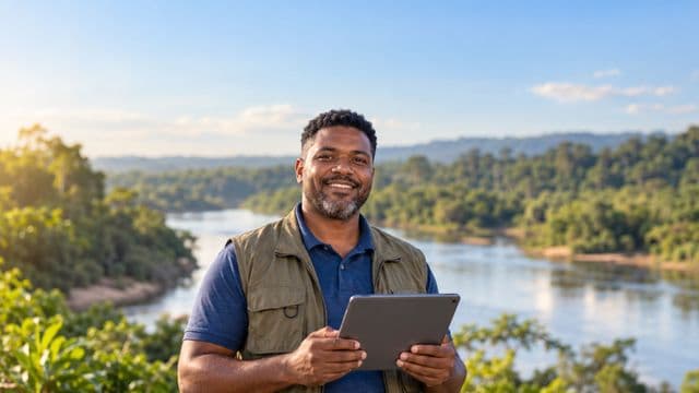 Gestor ambiental sorrindo, com camisa polo azul e colete de campo, segurando um tablet, em uma área de preservação com mata e um rio