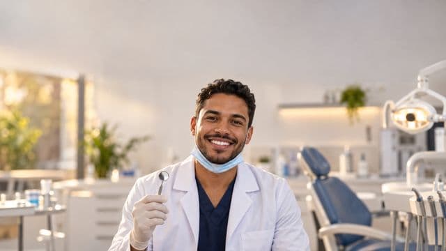 Dentista sorrindo, com jaleco branco e máscara abaixada no queixo, segurando um espelho odontológico, em um consultório odontológico moderno com cadeira e refletor