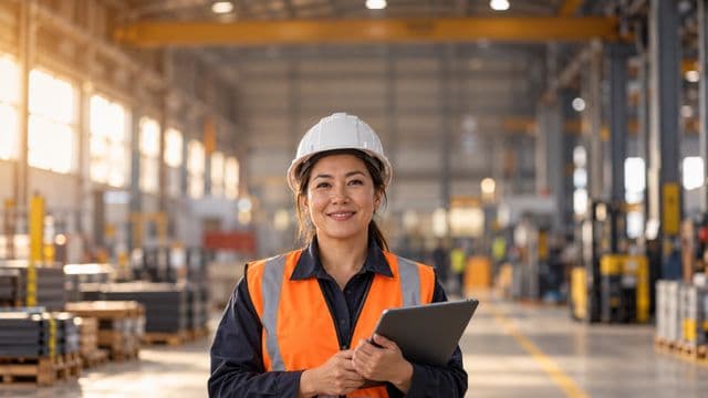 Técnica de segurança do trabalho sorrindo, com capacete branco e colete refletivo laranja, segurando um tablet, em um galpão industrial organizado