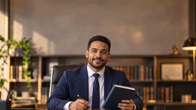 Advogado sorrindo, com terno azul-marinho e camisa branca, segurando um livro de capa lisa e uma caneta, em um escritório de advocacia elegante com estantes de livros