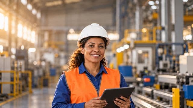 Técnica de manutenção sorrindo, com capacete branco e colete laranja sobre camisa azul, segurando um tablet, em uma fábrica moderna com máquinas