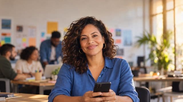 Profissional de marketing sorrindo, com camisa casual azul, segurando um smartphone, em uma agência criativa moderna com equipe desfocada e quadros de ideias