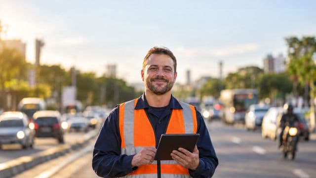 Agente de trânsito sorrindo, com colete refletivo laranja sobre uniforme azul, segurando um tablet, em uma avenida urbana movimentada