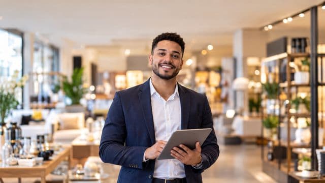 Gerente comercial sorrindo, com blazer azul-marinho sobre camisa branca, segurando um tablet, em uma loja moderna e bem iluminada