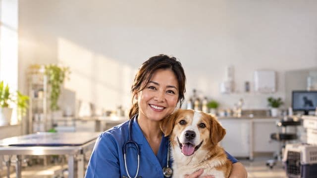 Médica veterinária sorrindo, com jaleco azul e estetoscópio, segurando com carinho um cachorro de porte médio, em uma clínica veterinária moderna e clara