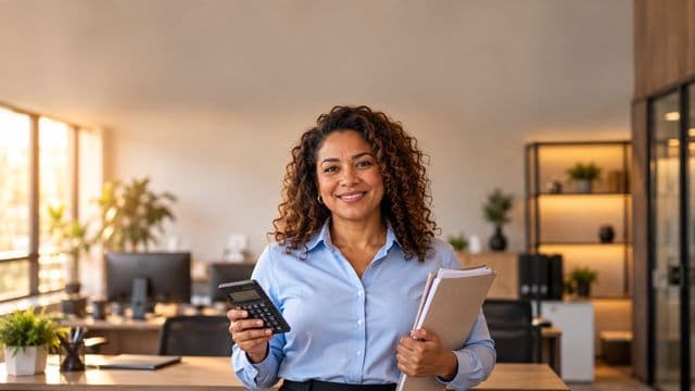 Contadora sorrindo, com camisa social azul-clara, segurando uma calculadora e uma pasta de documentos, em um escritório contábil moderno