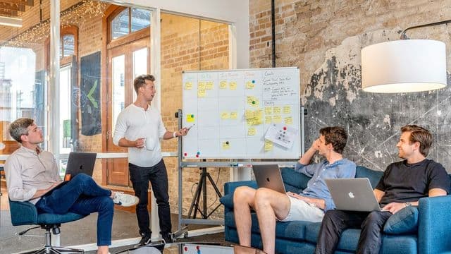 Equipe acompanha quadro kanban em reunião de gerenciamento de projetos