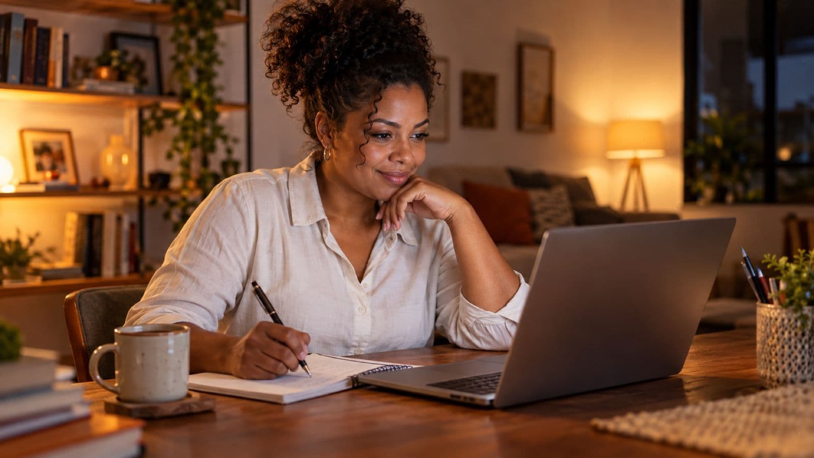 Mulher estudando à noite em casa, com notebook aberto, caderno e uma xícara de café