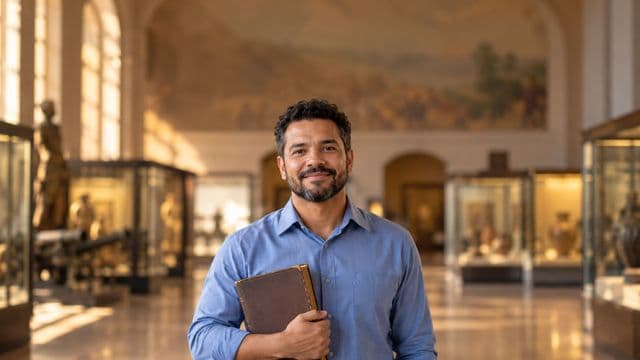 Professor de história sorrindo, com camisa social azul, segurando um livro antigo de capa lisa, em um museu histórico com vitrines desfocadas