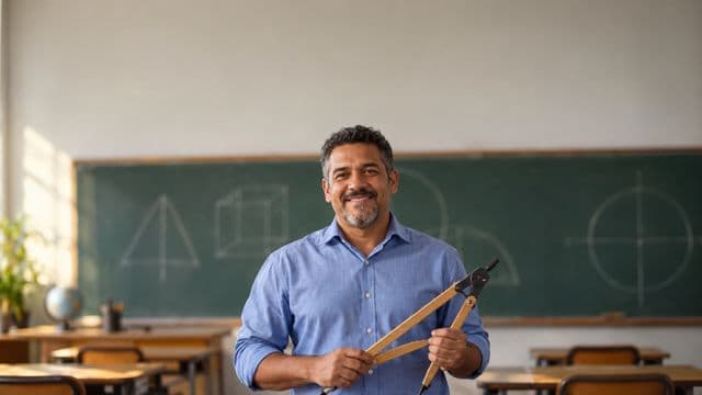 Professor de exatas sorrindo, com camisa social azul, segurando um compasso de madeira, em uma sala de aula com lousa coberta de formas geométricas