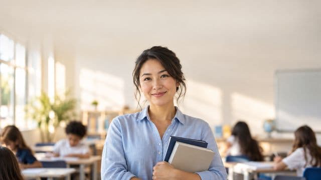 Professora sorrindo, com camisa social azul, segurando livros de capa lisa, em uma sala de aula moderna e clara com alunos desfocados