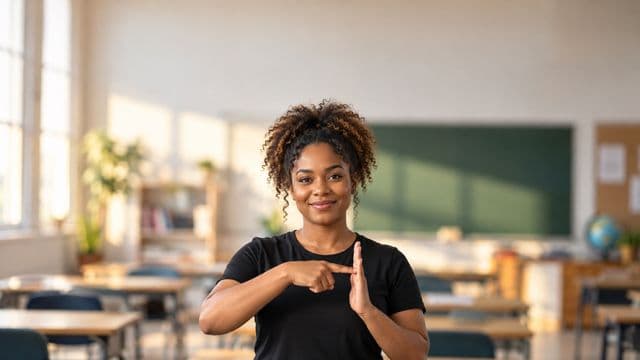 Intérprete de Libras sorrindo, com camisa preta lisa, fazendo um sinal em Libras com as mãos, em uma sala de aula moderna e clara